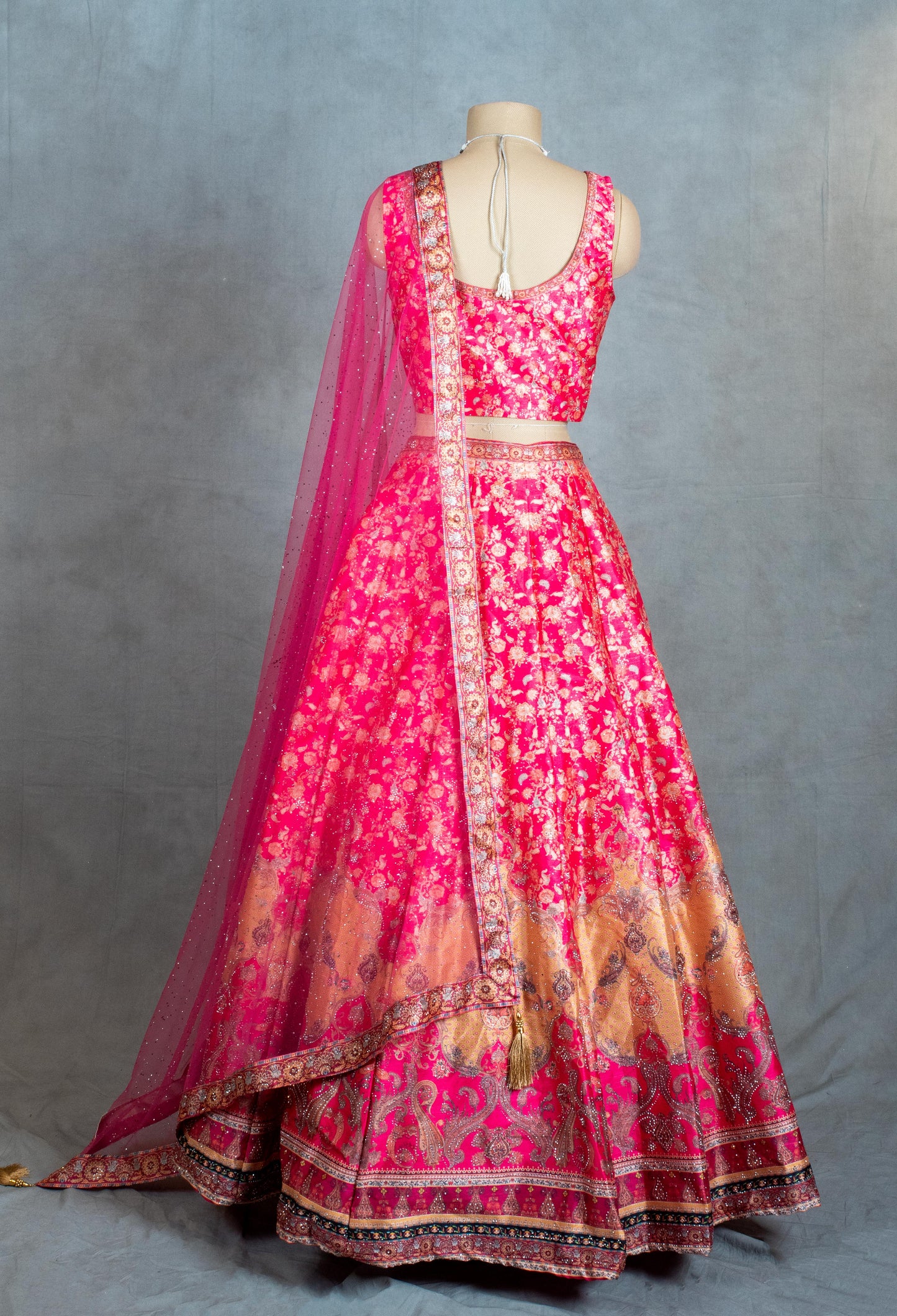 Traditional Pink & Gold Banarasi Silk Crop Top Lehenga Set with Net Dupatta – Festive & Wedding Wear