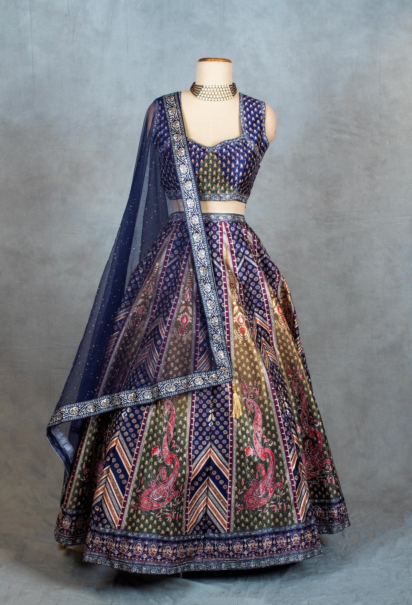 Elegant Navy Blue and Multi-Color Embroidered Lehenga Choli with Net Dupatta – Designer Indian Ethnic Wear