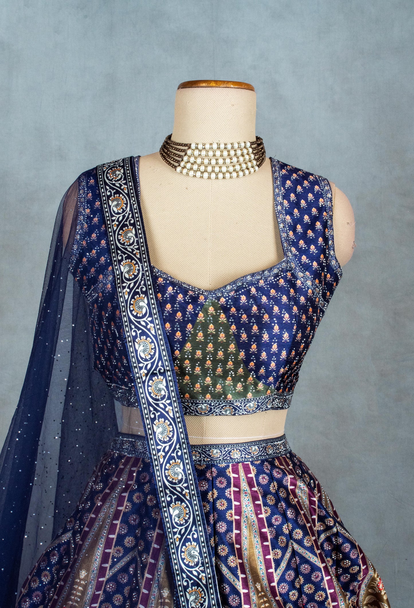 Elegant Navy Blue and Multi-Color Embroidered Lehenga Choli with Net Dupatta – Designer Indian Ethnic Wear