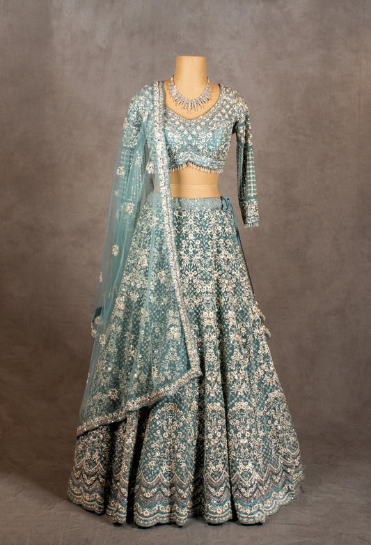Dusty blue embroidered bridal lehenga choli with dupatta – product image 2