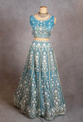 Sky Blue Sleeveless Crop Top Lehenga with White Floral Embroidery & Net Dupatta – Bridesmaid & Festive Wear