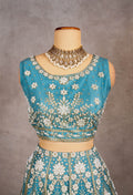 Sky Blue Sleeveless Crop Top Lehenga with White Floral Embroidery & Net Dupatta – Bridesmaid & Festive Wear