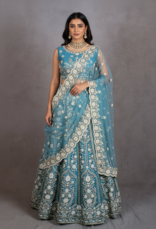 Sky Blue Sleeveless Crop Top Lehenga with White Floral Embroidery & Net Dupatta – Bridesmaid & Festive Wear
