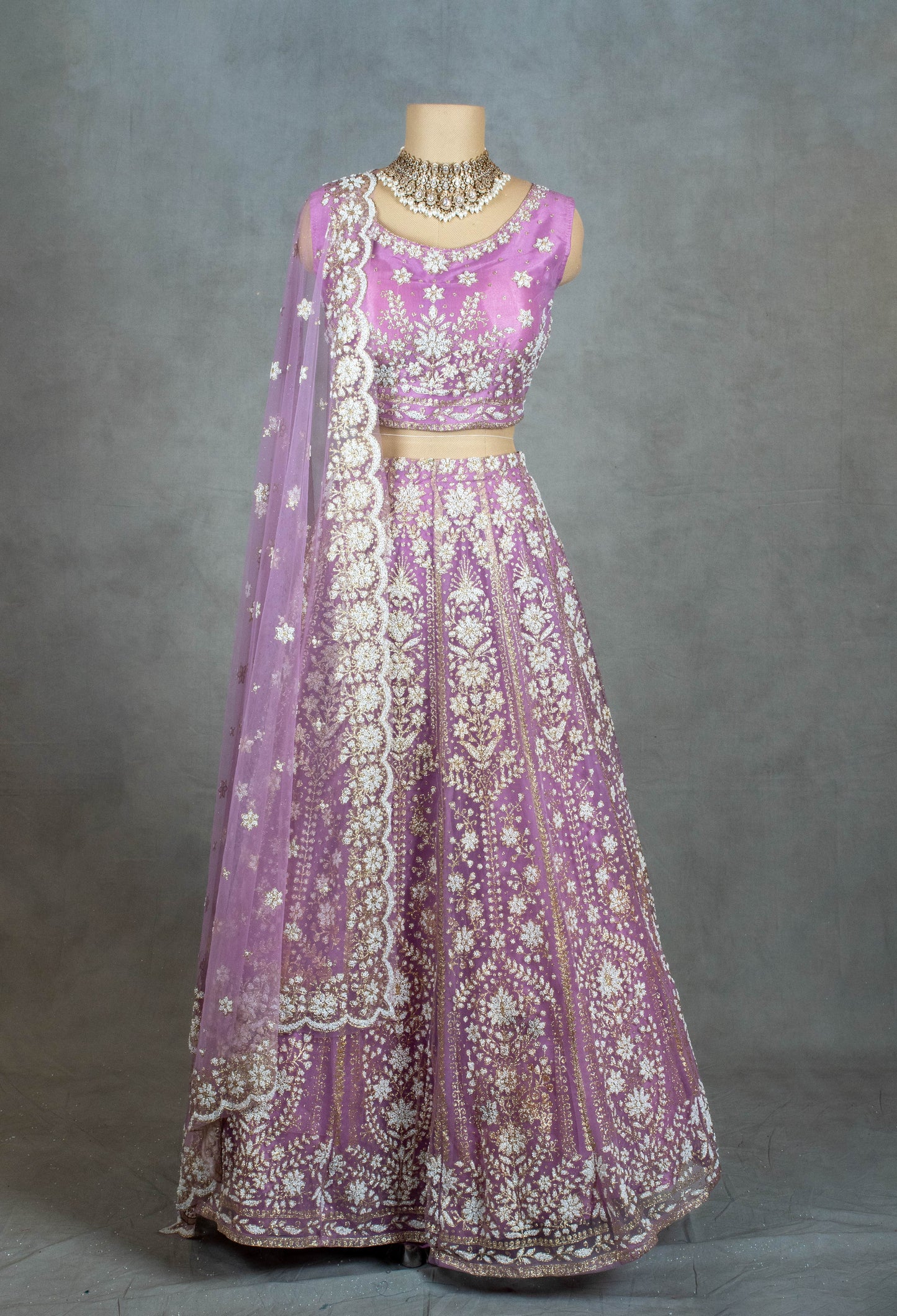 Lavender Embroidered Crop Top Lehenga with Net Dupatta – Bridal & Festive Wear