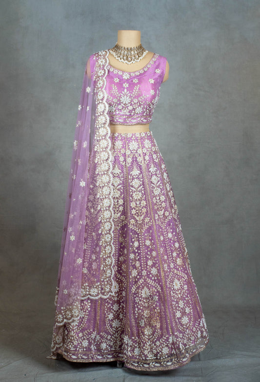 Lavender Embroidered Crop Top Lehenga with Net Dupatta – Bridal & Festive Wear
