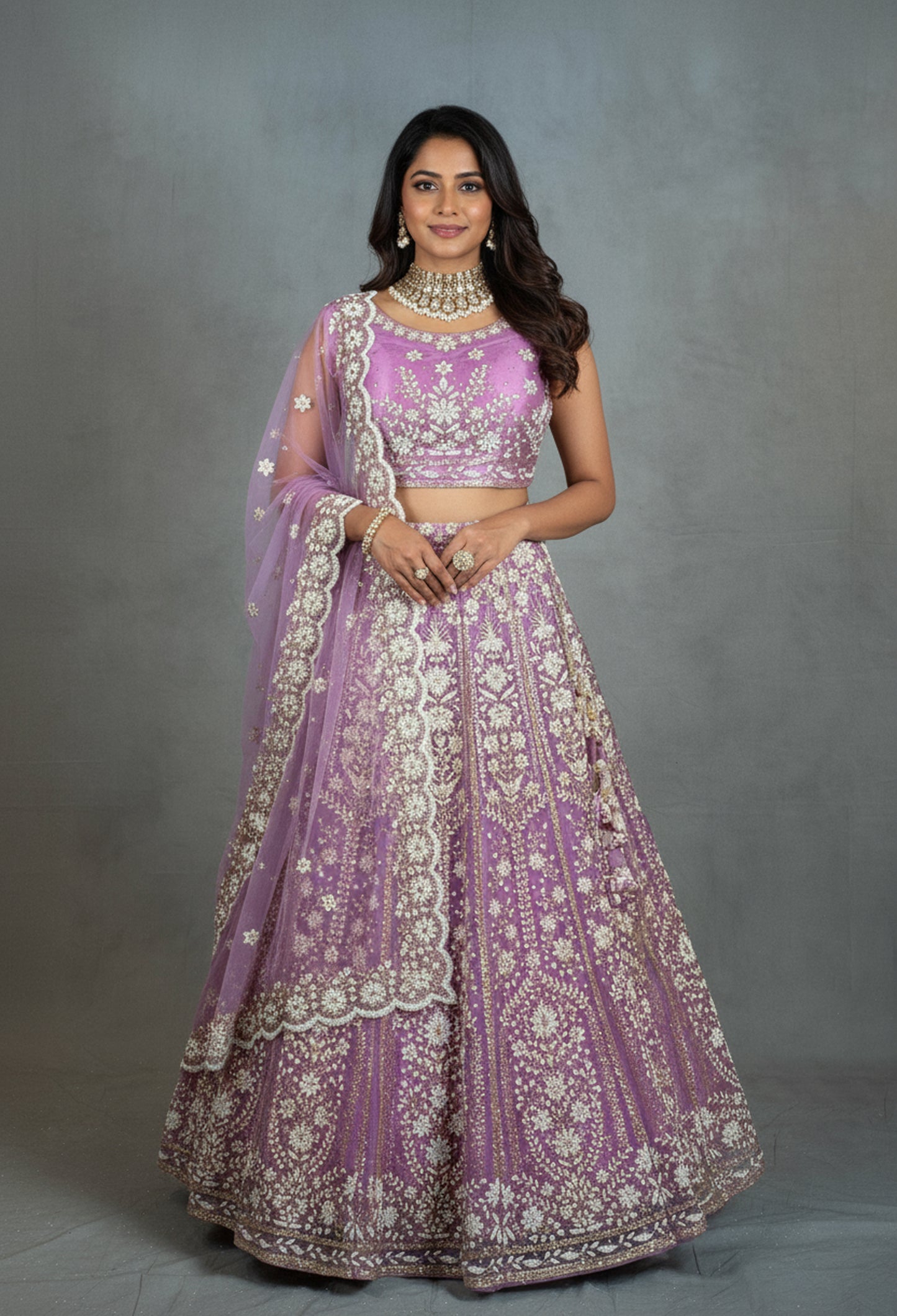 Lavender Embroidered Crop Top Lehenga with Net Dupatta – Bridal & Festive Wear