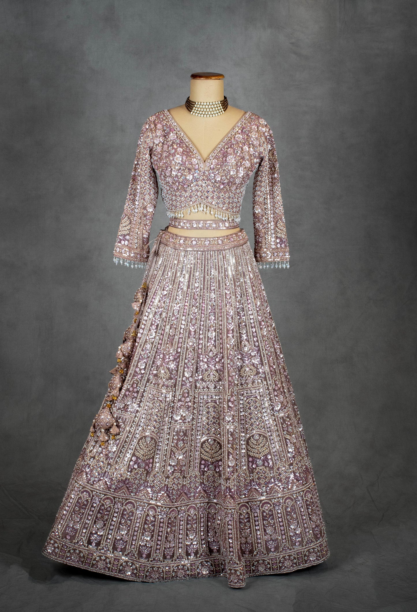 Dusty Mauve Heavy Embroidered Lehenga Set with Sequins & Mirror Work