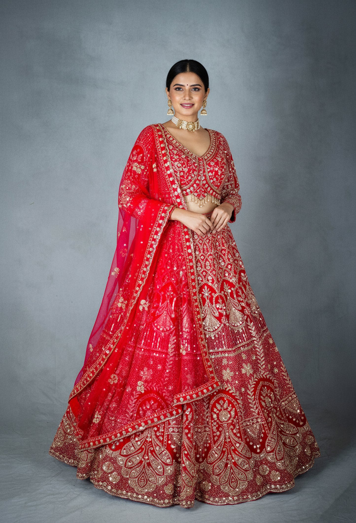 Bridal Red Hand-Embroidered Zardozi Lehenga