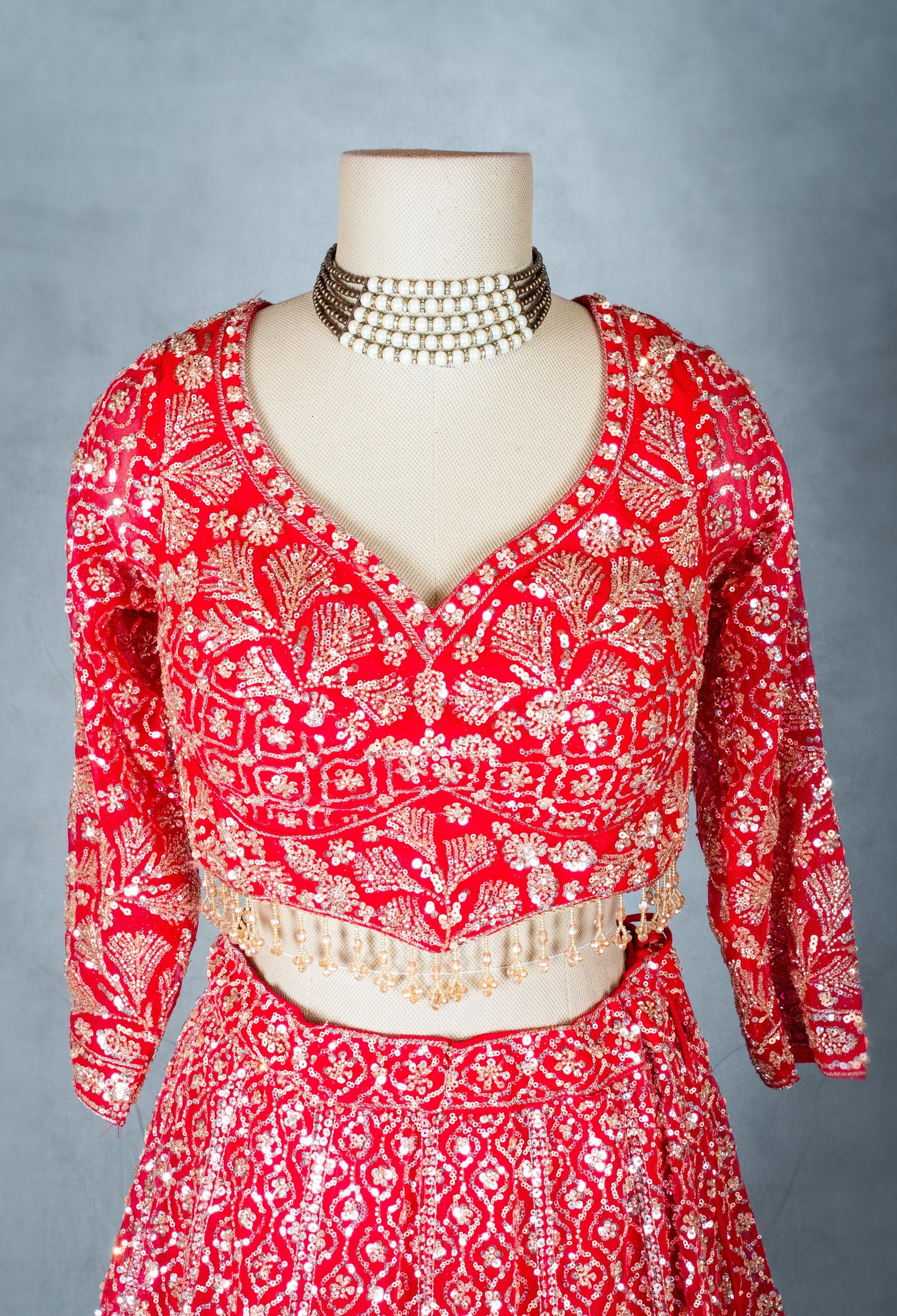 Classic Red | Designer Lehenga Set with Golden Zari & Sequin Embroidery | 5