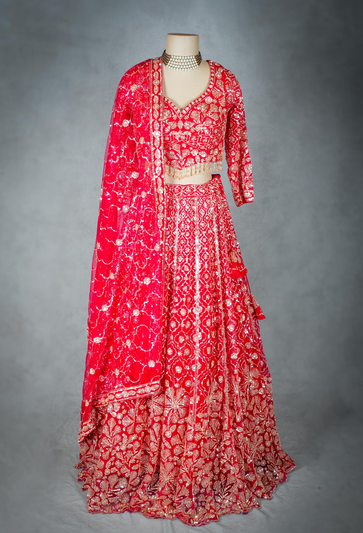 Classic Red | Designer Lehenga Set with Golden Zari & Sequin Embroidery | 2