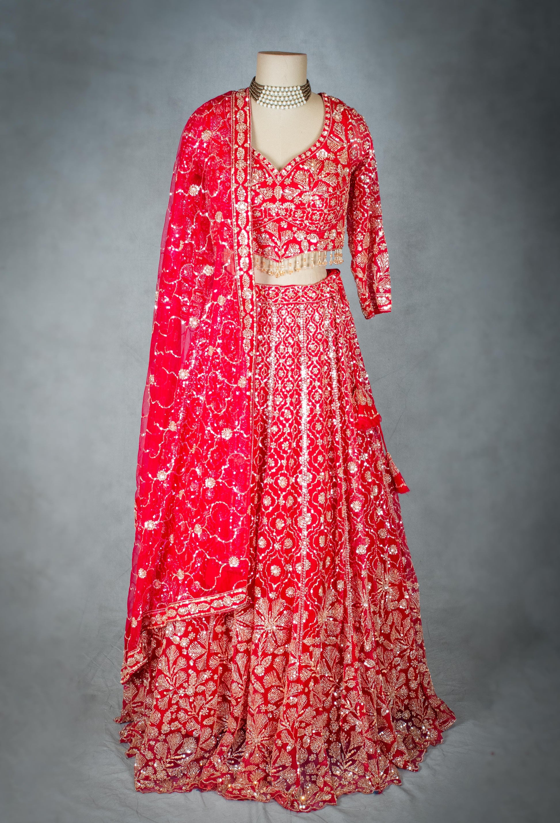 Classic Red | Designer Lehenga Set with Golden Zari & Sequin Embroidery | 2