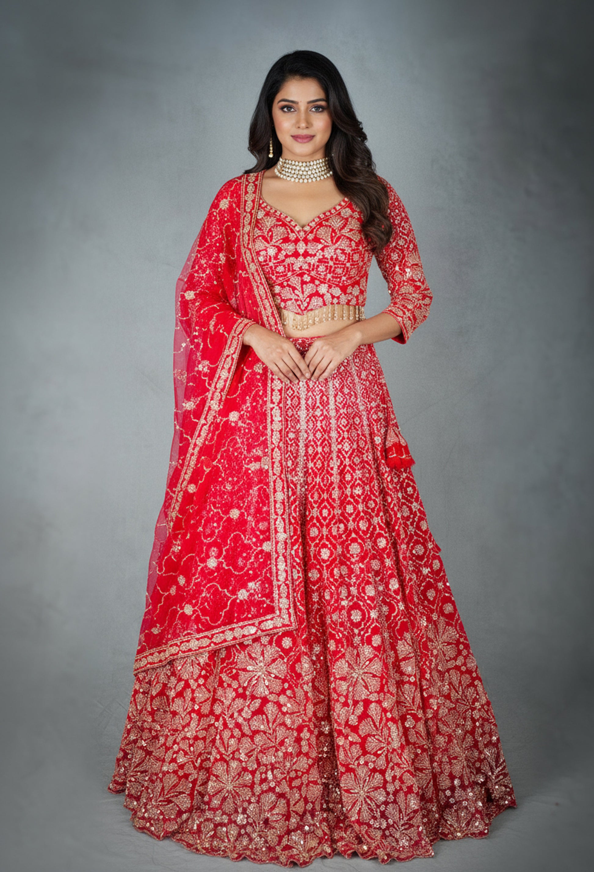 Classic Red | Designer Lehenga Set with Golden Zari & Sequin Embroidery | 1