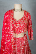 Classic Red | Designer Lehenga Set with Golden Zari & Sequin Embroidery | 4
