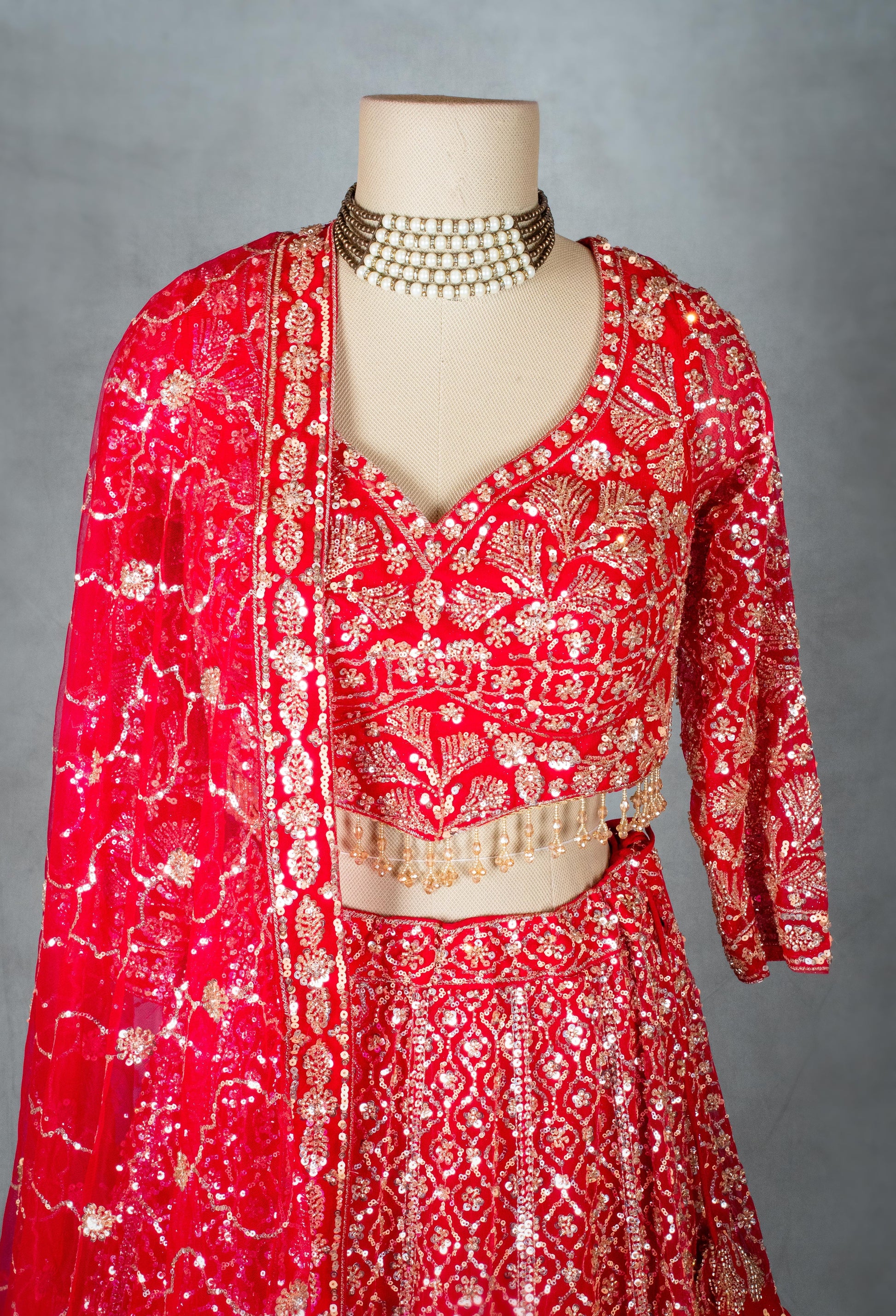 Classic Red | Designer Lehenga Set with Golden Zari & Sequin Embroidery | 4