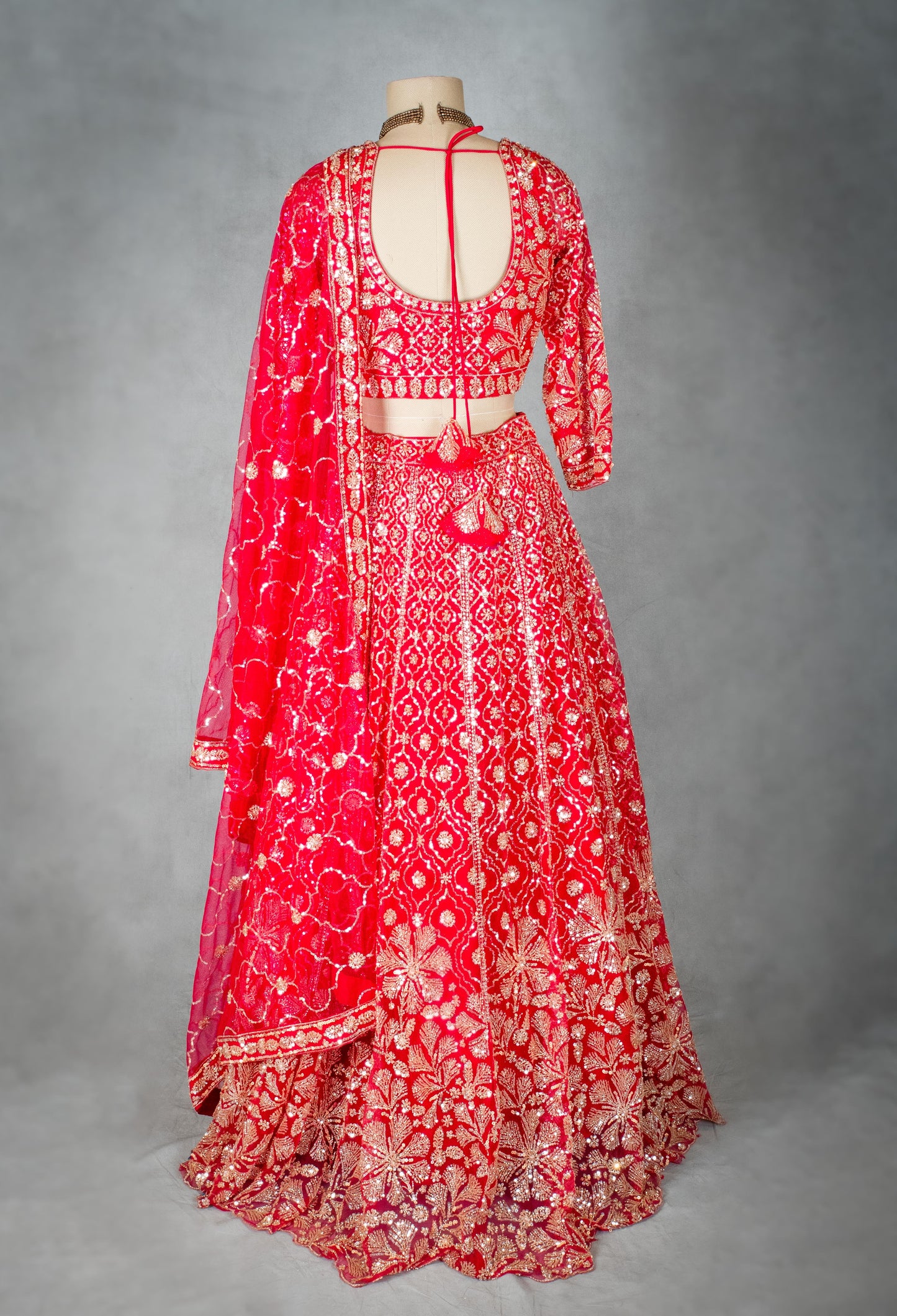 Classic Red | Designer Lehenga Set with Golden Zari & Sequin Embroidery | 3