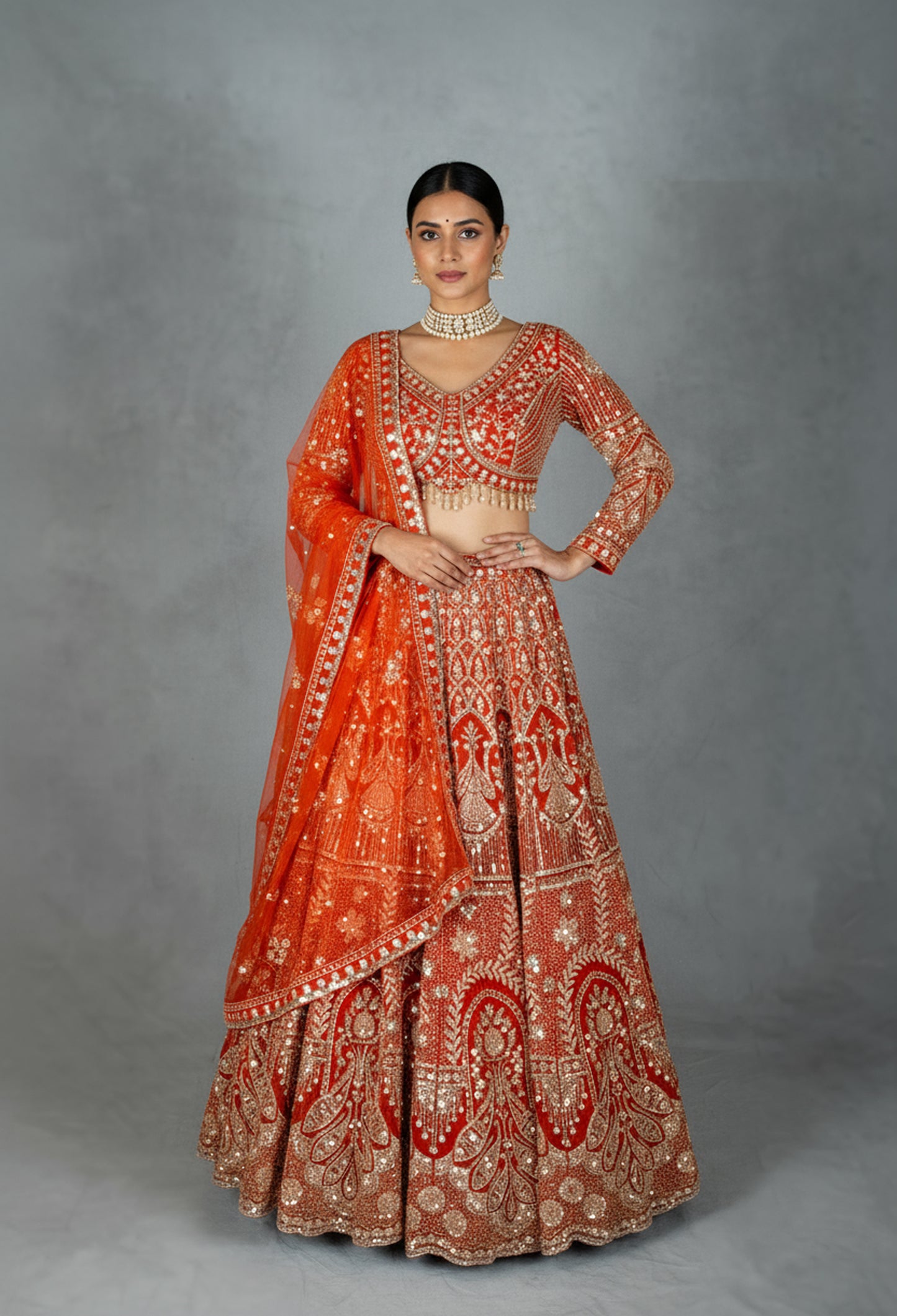 Orange Bridal Zardozi Lehenga with Mirror and Sequin Embroidery