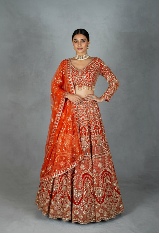 Orange Bridal Zardozi Lehenga with Mirror and Sequin Embroidery