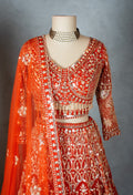 Orange | Orange bridal lehenga set with embroidered net dupatta | 4
