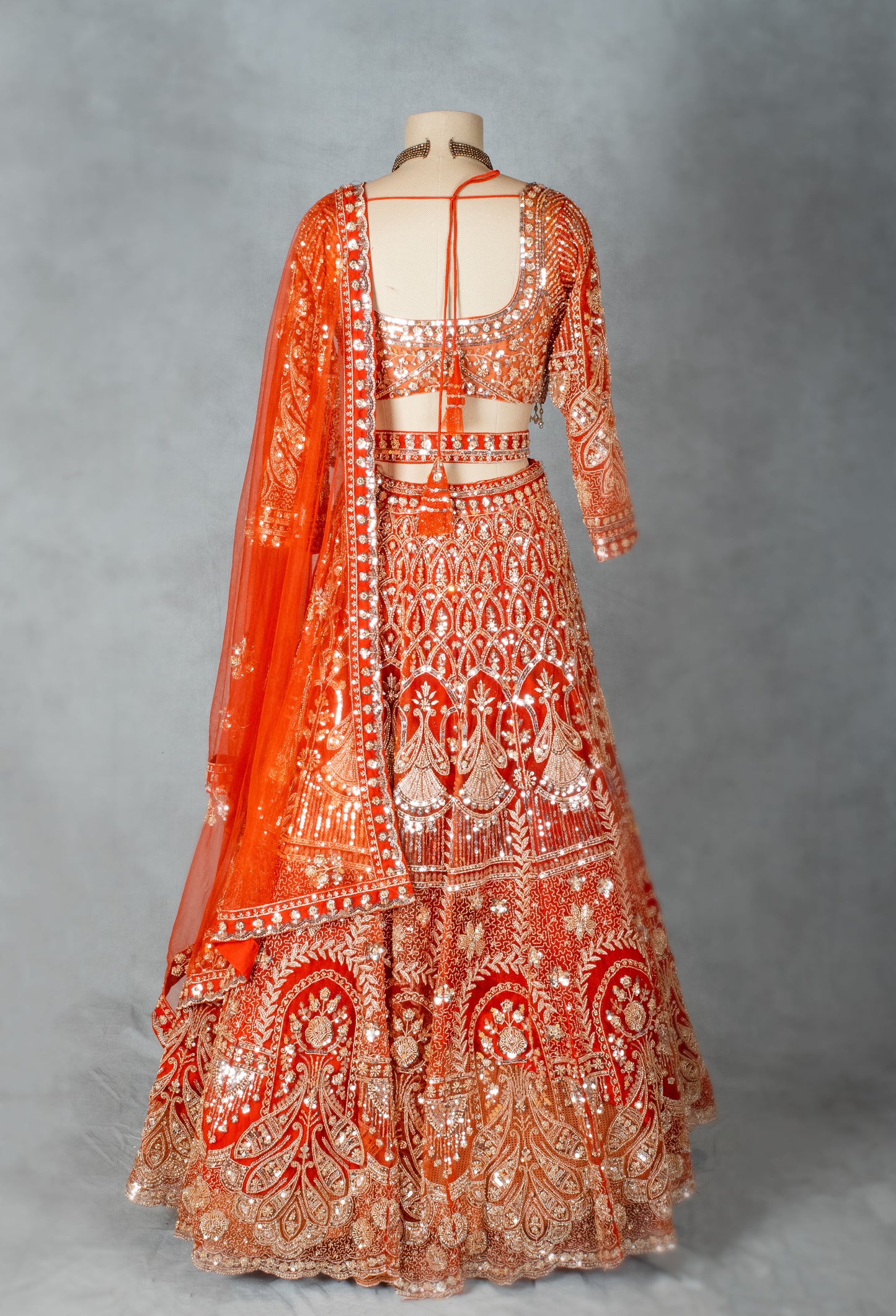 Orange Bridal Zardozi Lehenga with Mirror and Sequin Embroidery