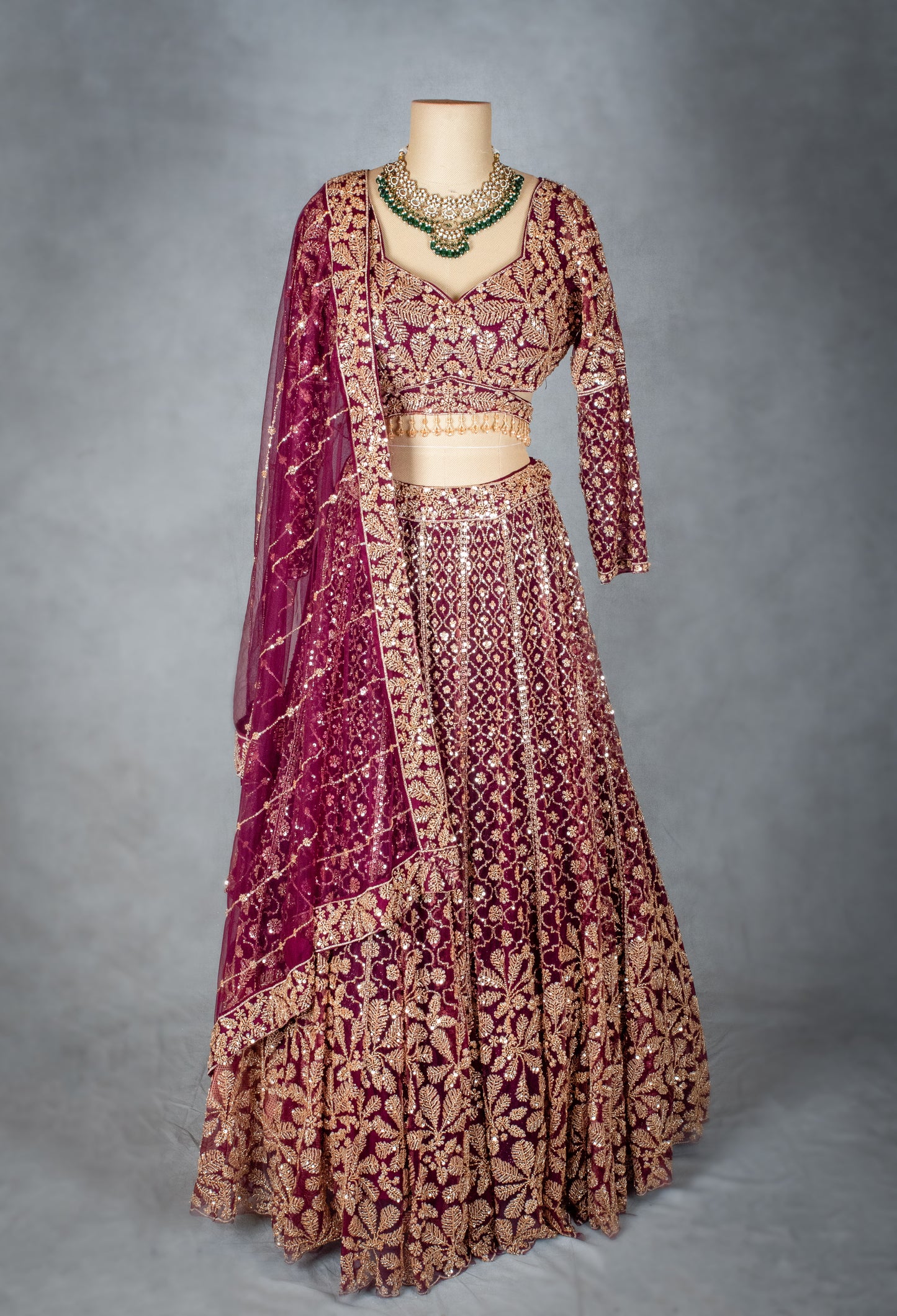 Maroon Velvet Lehenga Choli with Heavy Zari Embroidery & Sequins | Bridal & Festive Wear