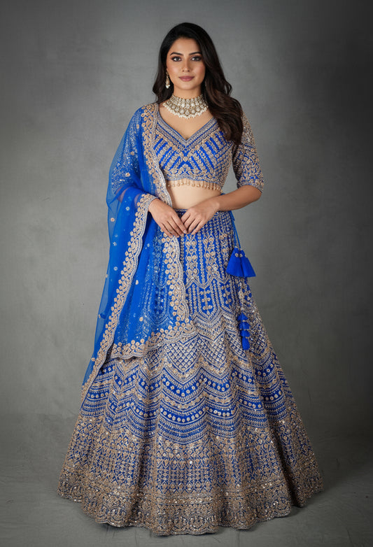 Royal Blue Embroidered Lehenga Choli with Gold Detailing | Designer Indian Bridal Wear