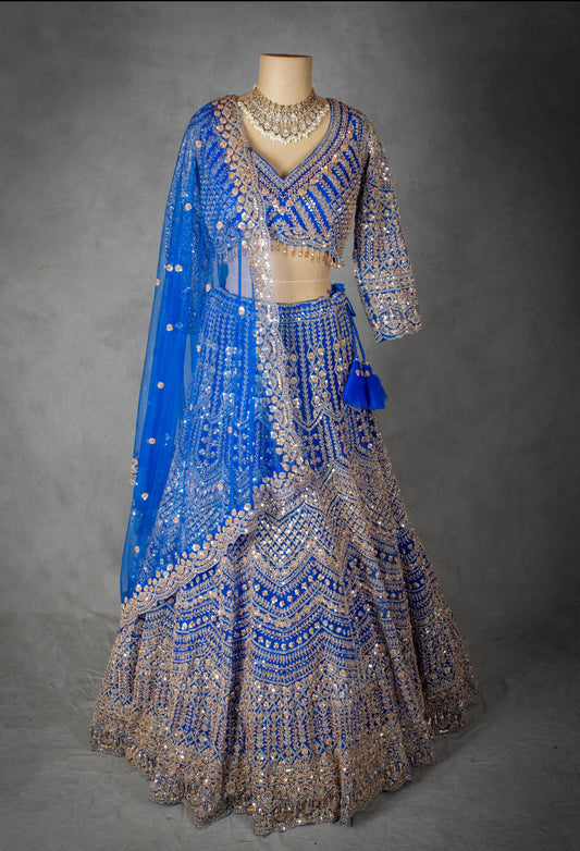 Royal blue embroidered lehenga choli with gold detailing – product image 2