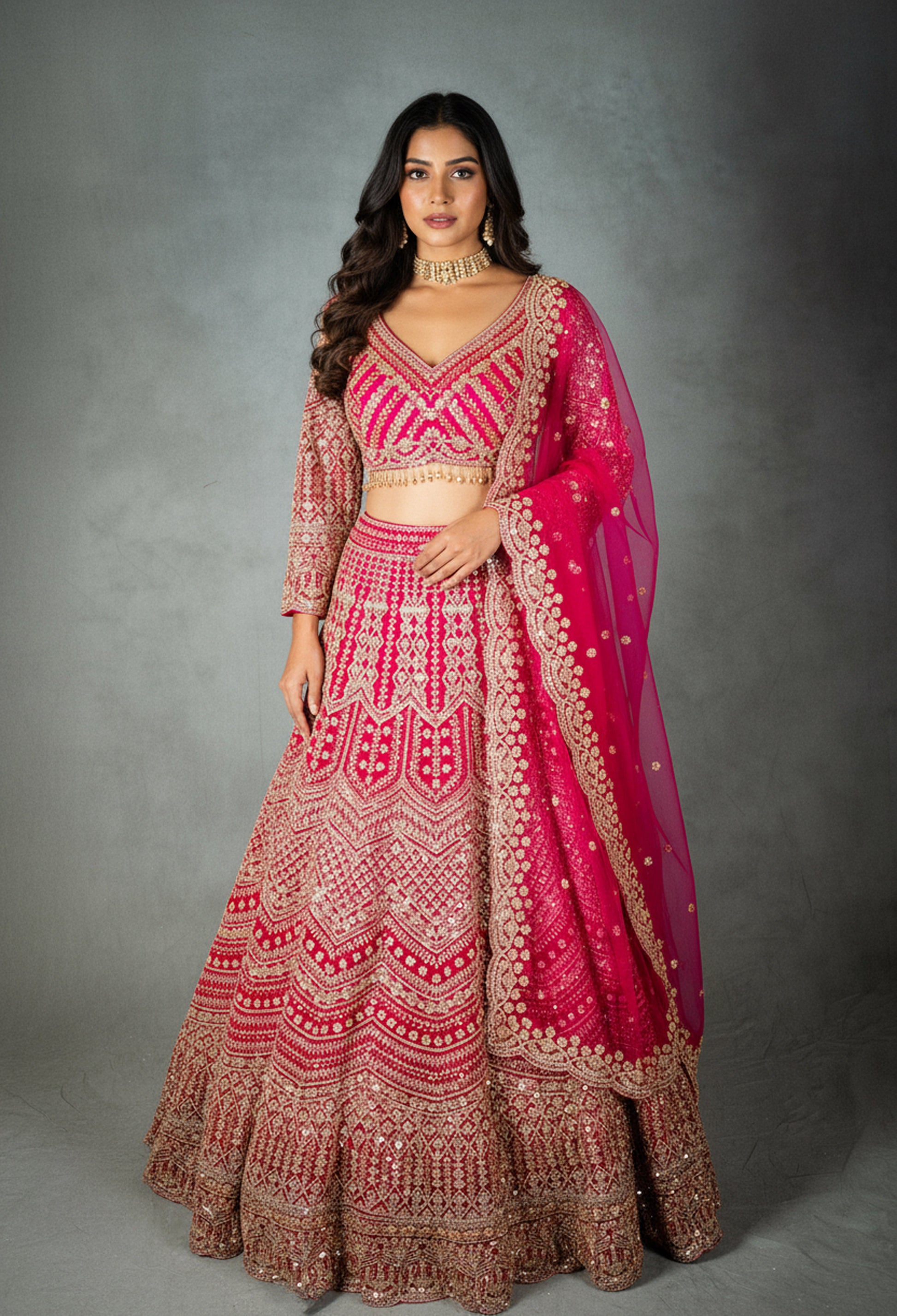 Pink | Pink bridal lehenga with intricate gold embroidery – product image 1 | 1