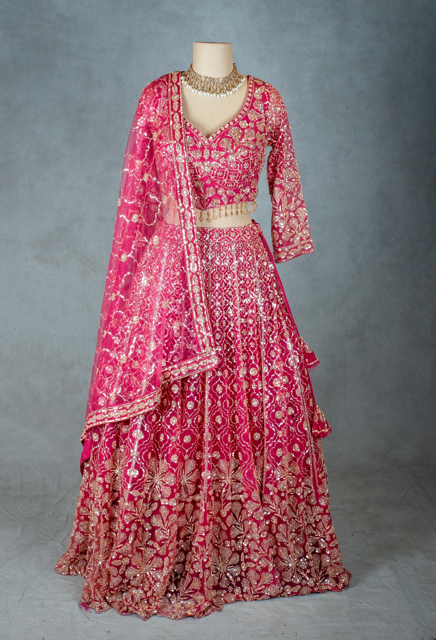 Hot Pink Designer Lehenga Set with Golden Zari and Sequin Work | Bridal & Festive Indian Wear