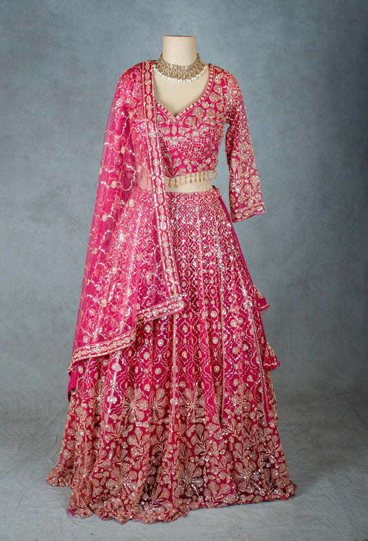 Hot Pink Designer Lehenga Set with Golden Zari and Sequin Work | Bridal & Festive Indian Wear