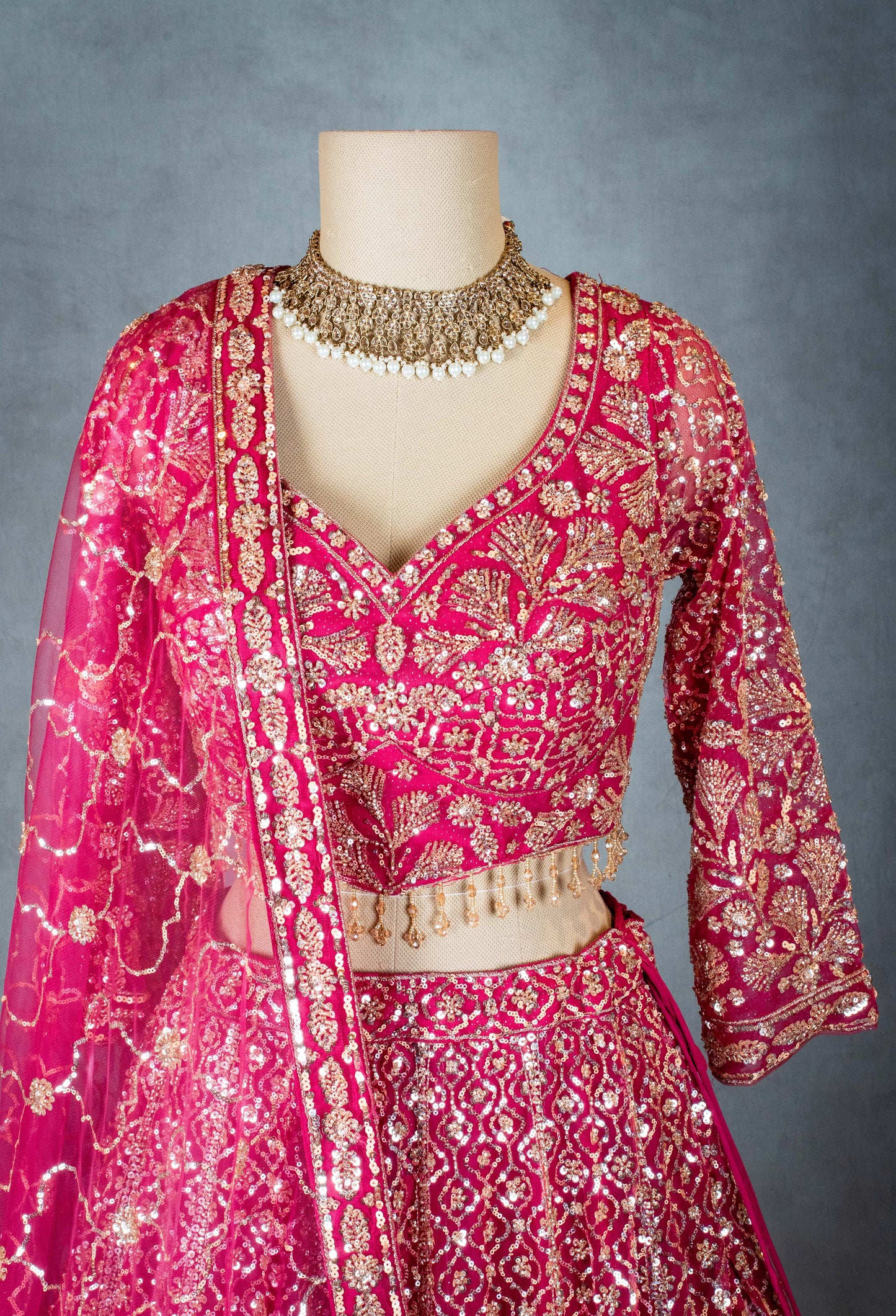 Hot Pink Designer Lehenga Set with Golden Zari and Sequin Work | Bridal & Festive Indian Wear