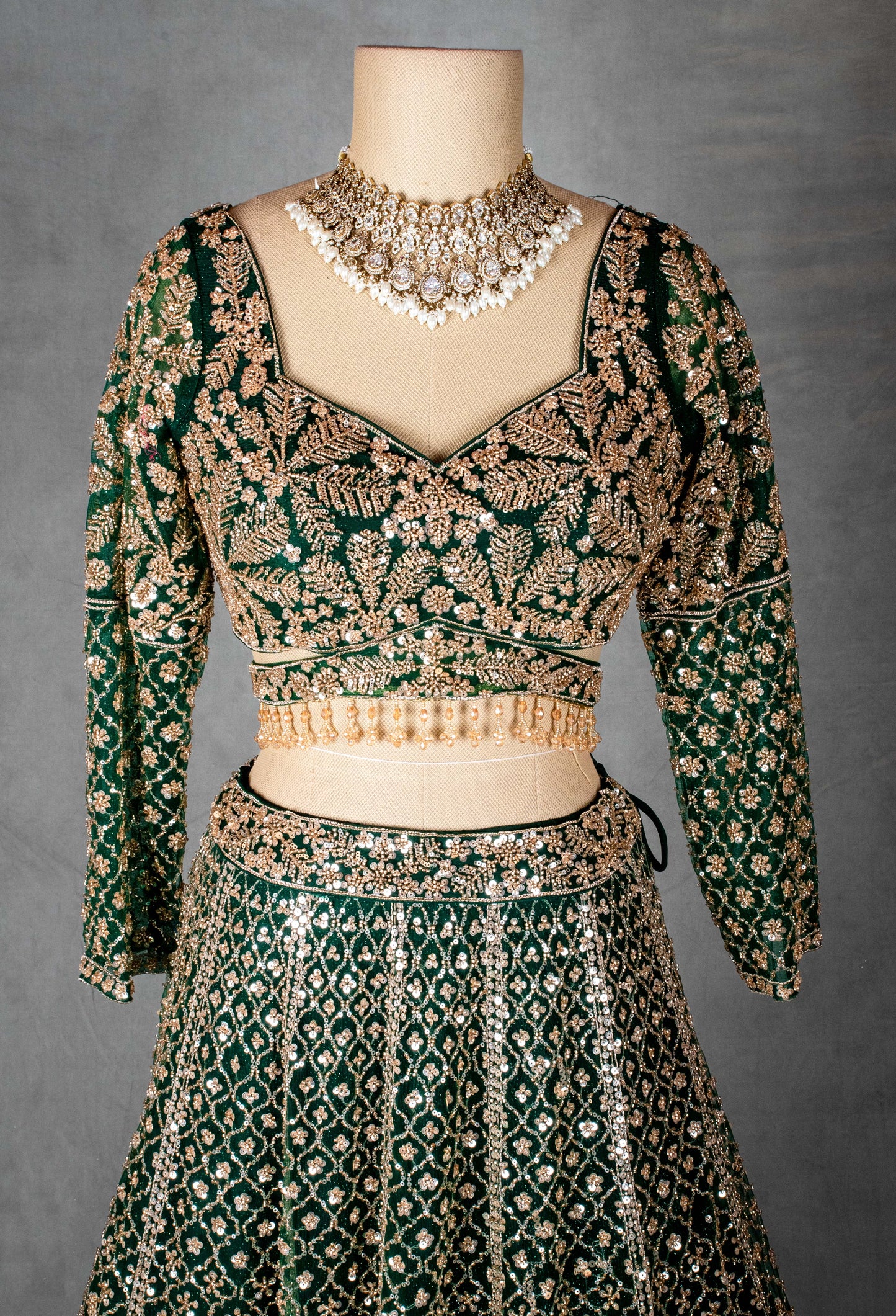 Emerald Green Velvet Lehenga Choli with Heavy Gold Embroidery | Wedding & Festive Wear