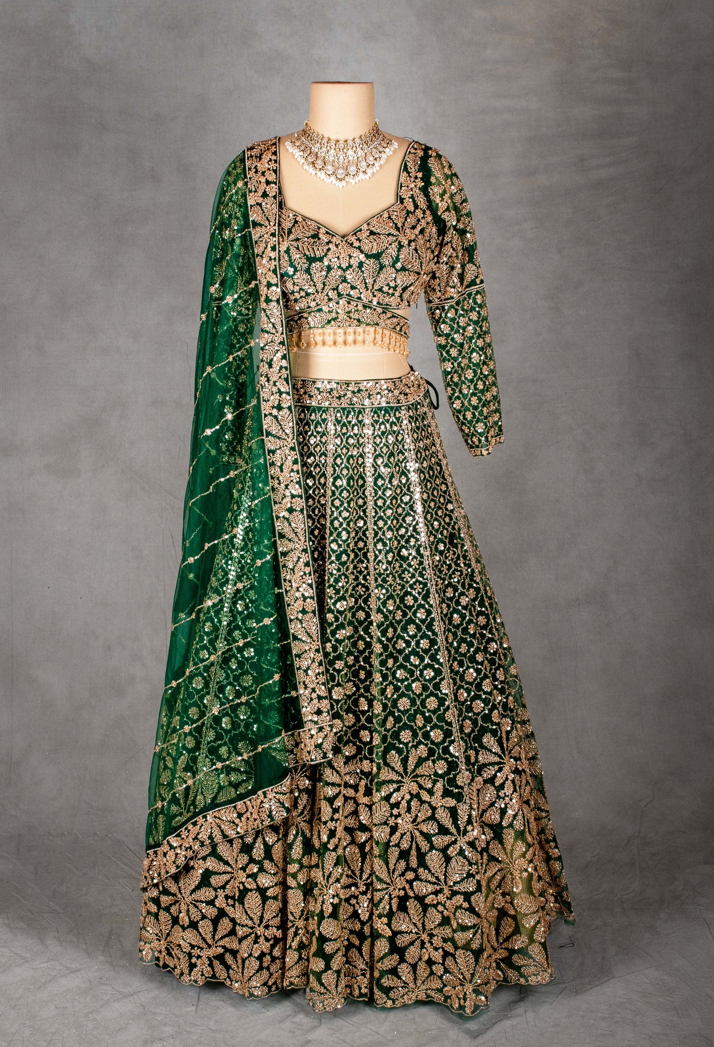 Emerald Green Velvet Lehenga Choli with Heavy Gold Embroidery | Wedding & Festive Wear
