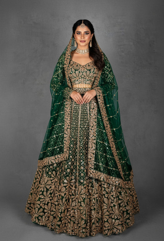 Emerald Green Velvet Lehenga Choli with Heavy Gold Embroidery | Wedding & Festive Wear