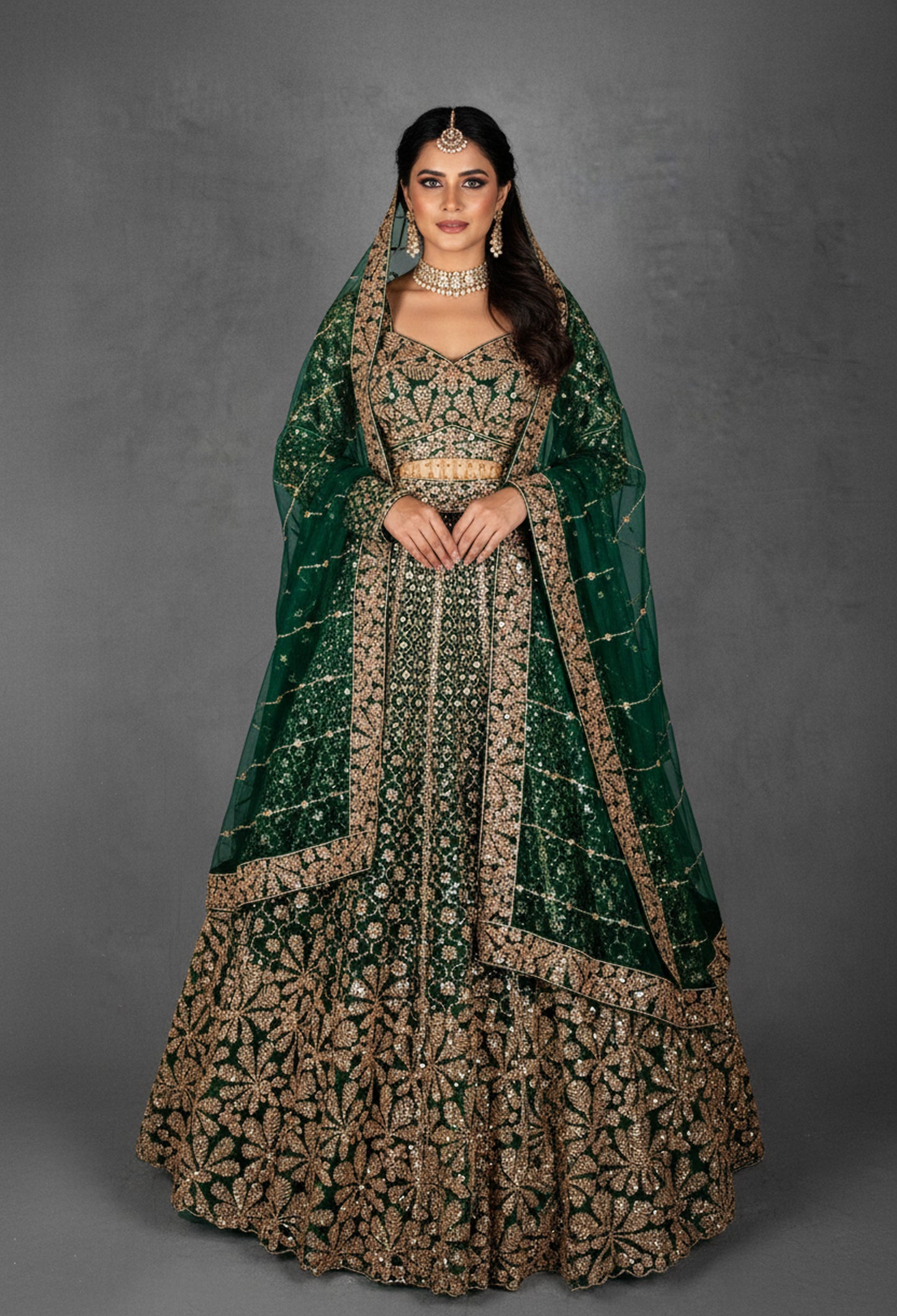 Emerald Green | Embroidered Bridal Lehenga Choli with Zari & Sequin Work | 8