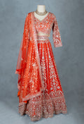 Orange Bridal Lehenga with Intricate Silver Embroidery and Crop Top Blouse