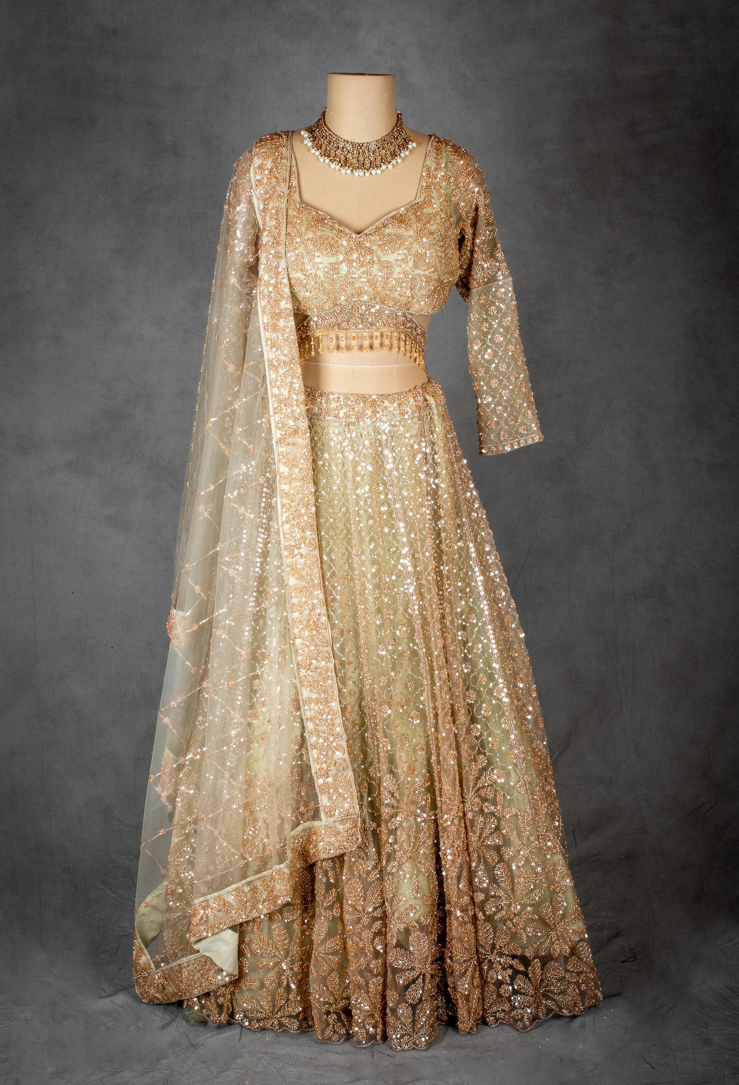 Elegant Gold Embroidered Bridal Lehenga Choli with Net Dupatta
