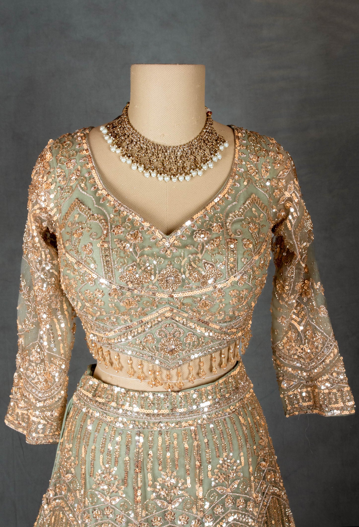 Elegant Sage Green & Gold Embroidered Bridal Lehenga Choli with Dupatta