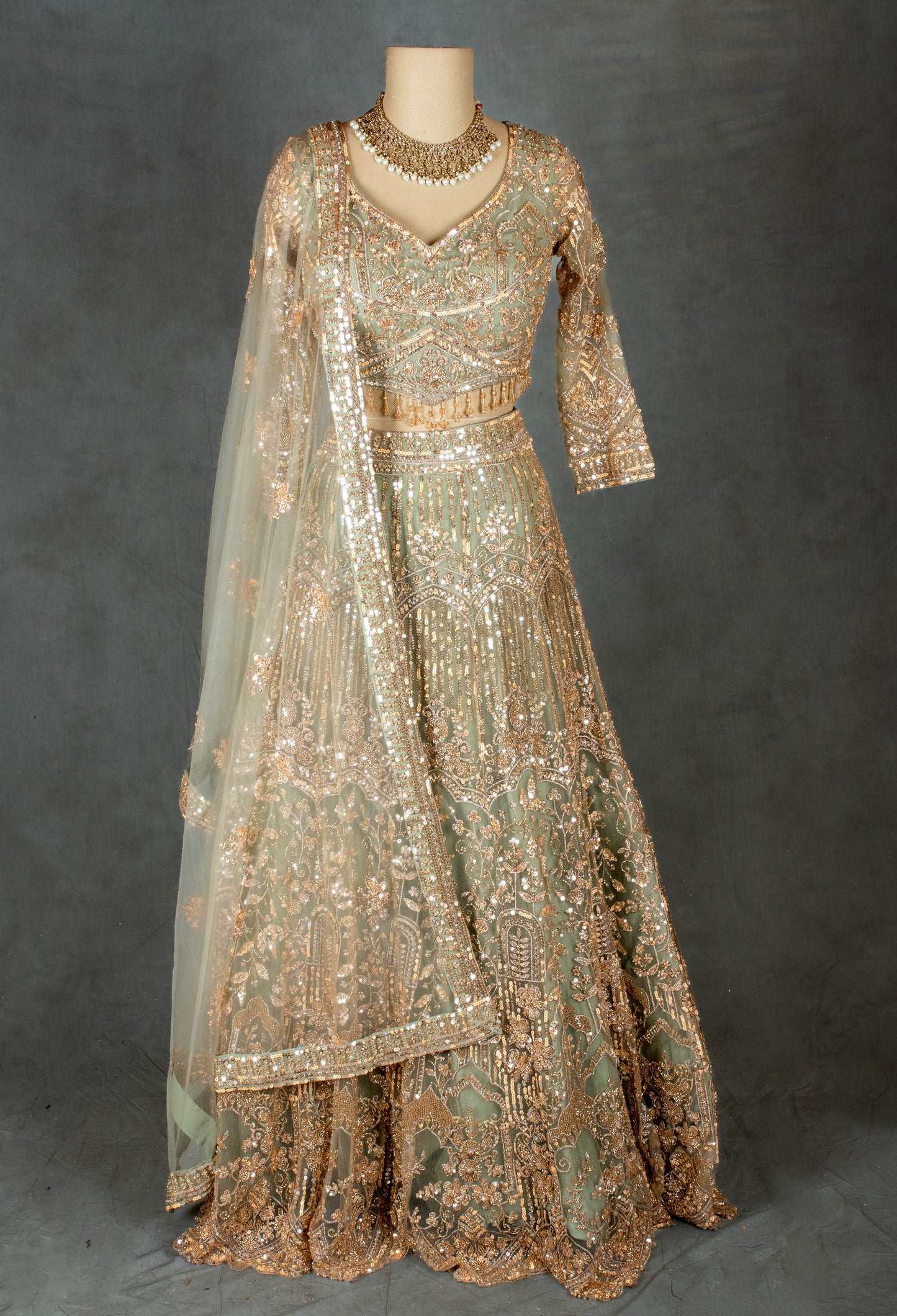 Elegant Sage Green & Gold Embroidered Bridal Lehenga Choli with Dupatta