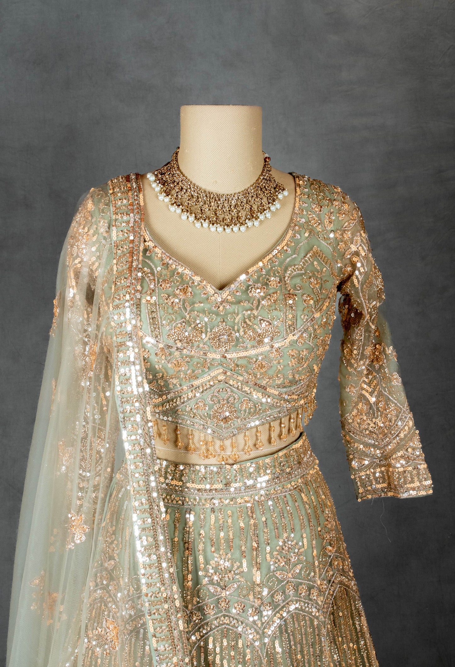 Elegant Sage Green & Gold Embroidered Bridal Lehenga Choli with Dupatta