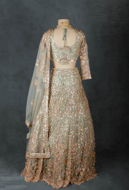 Sage green and gold embroidered bridal lehenga choli with dupatta – product image 2
