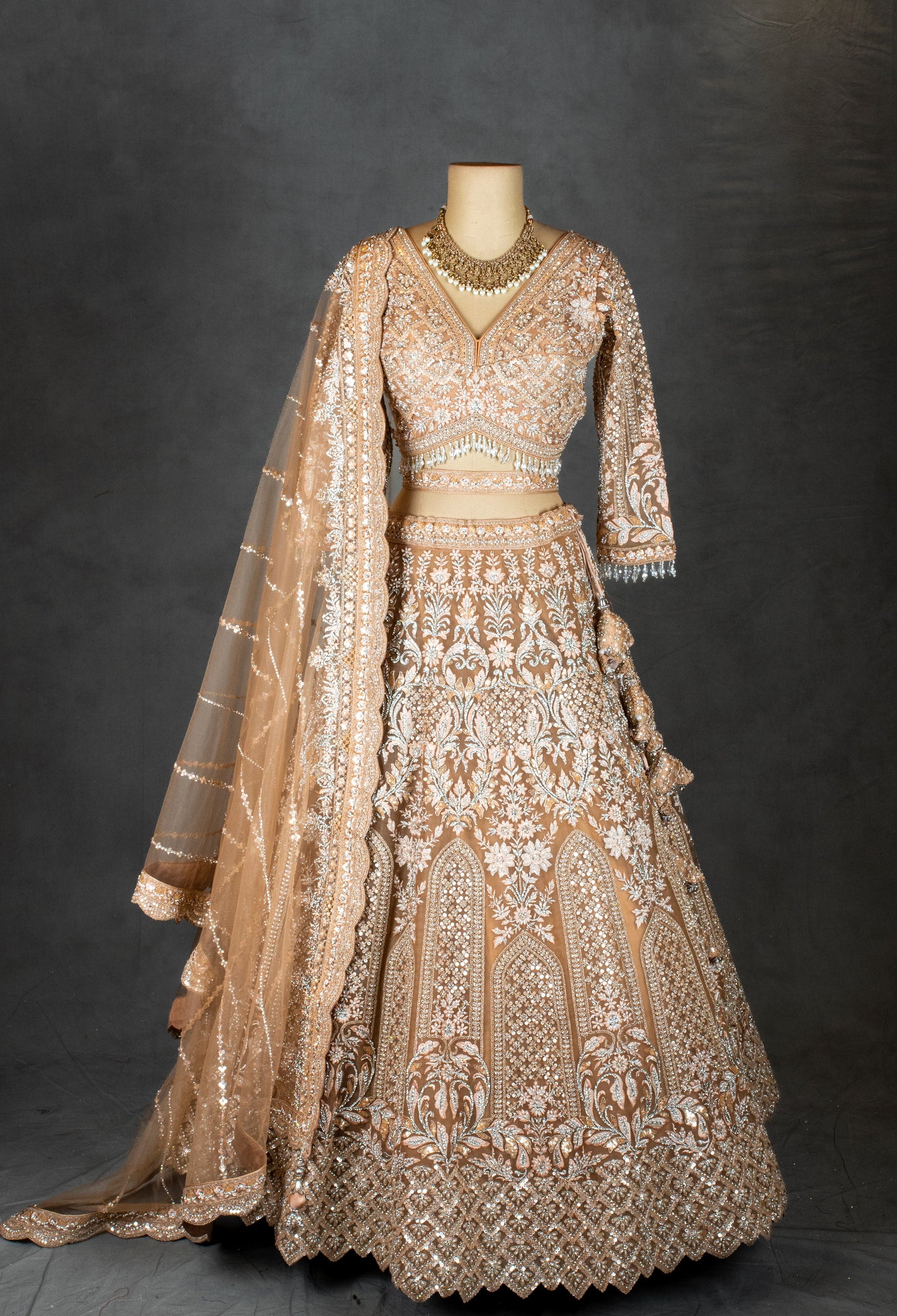 Elegant Beige Embroidered Bridal Lehenga with Net Dupatta & Detailed Work