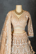 Elegant Beige Embroidered Bridal Lehenga with Net Dupatta & Detailed Work