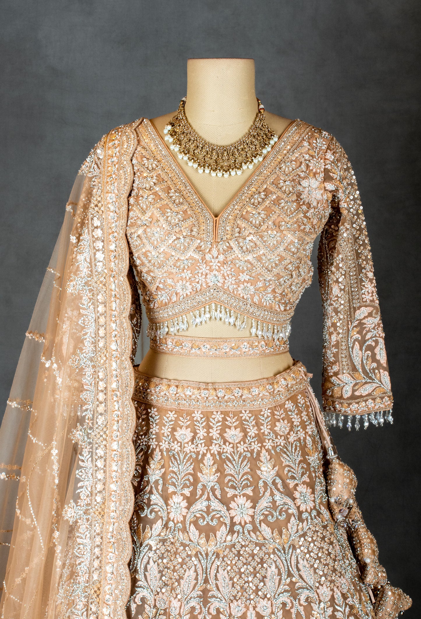 Elegant Beige Embroidered Bridal Lehenga with Net Dupatta & Detailed Work
