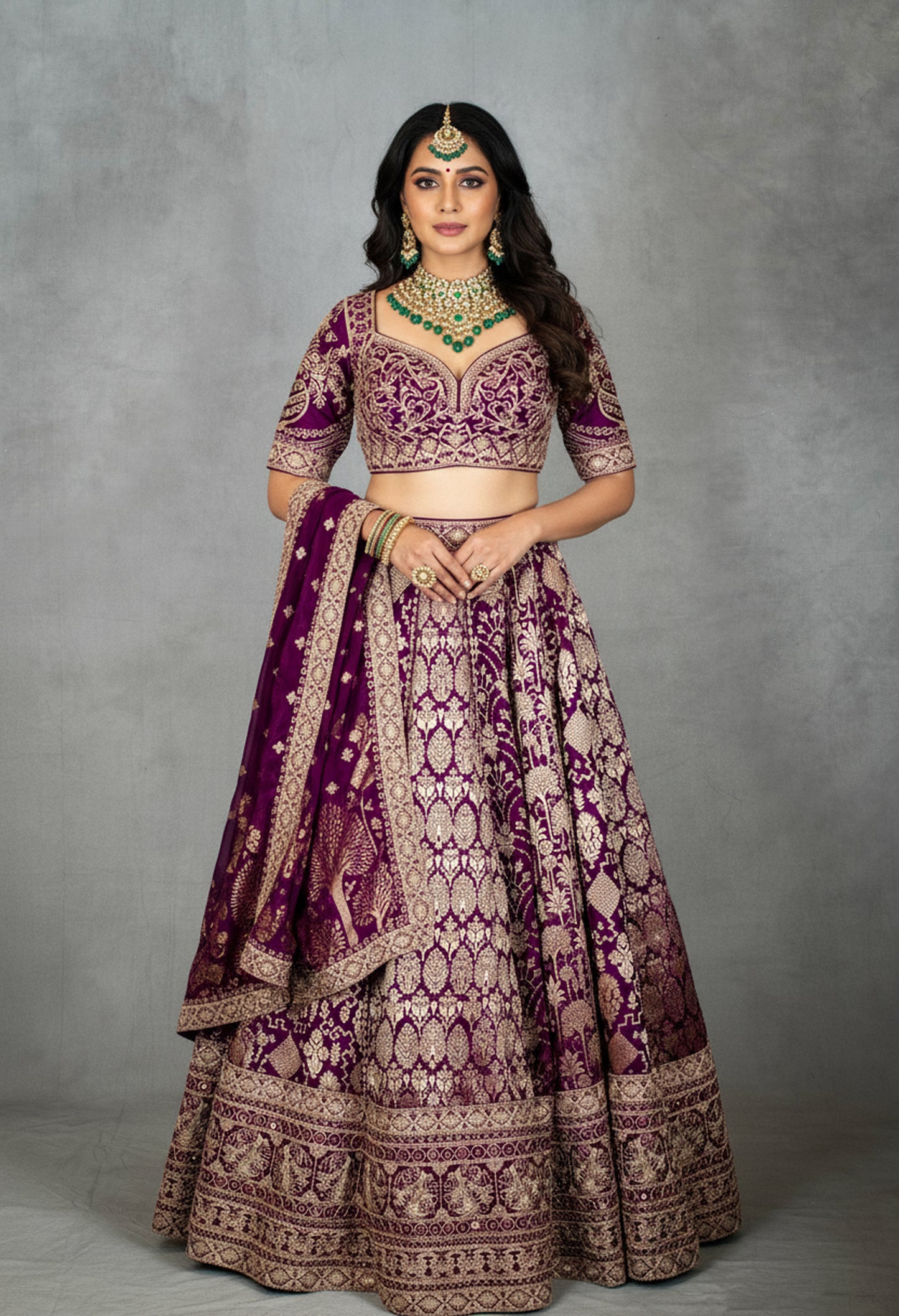 Royal Purple Bridal Lehenga with Golden Zari Embroidery and Silk Dupatta