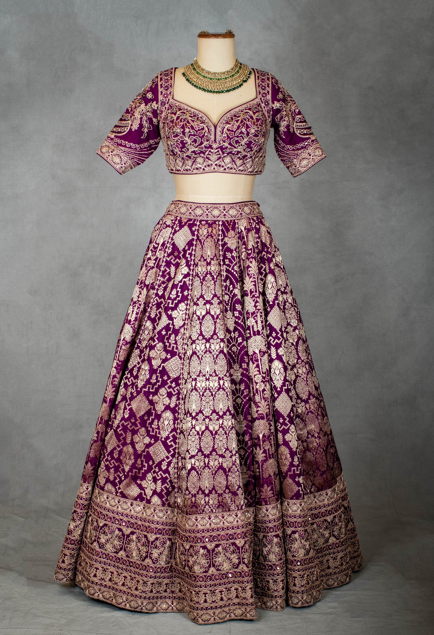 Royal Purple Bridal Lehenga with Golden Zari Embroidery and Silk Dupatta