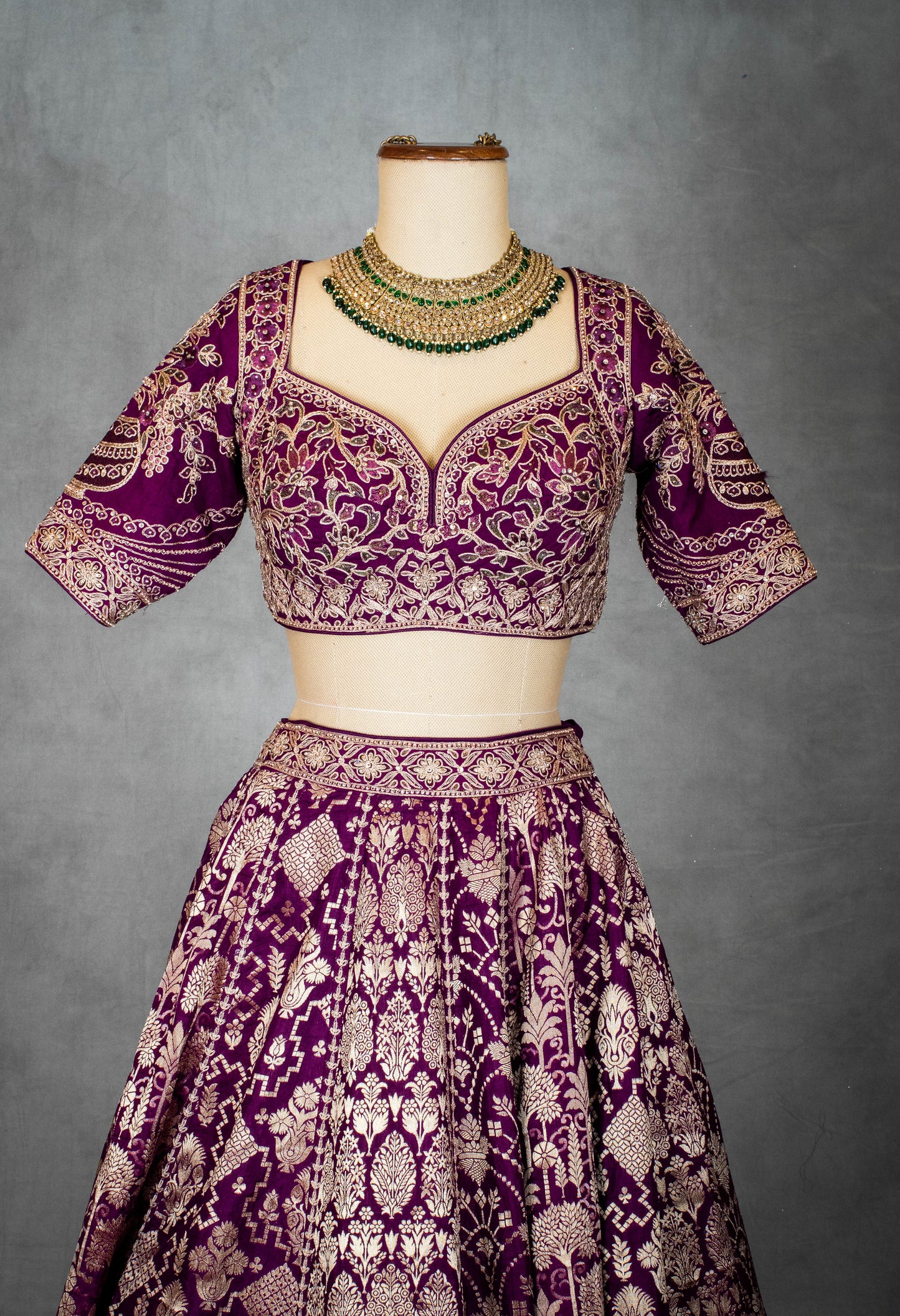 Royal Purple Bridal Lehenga with Golden Zari Embroidery and Silk Dupatta