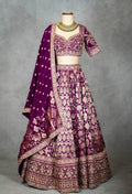 Royal Purple Bridal Lehenga with Golden Zari Embroidery and Silk Dupatta