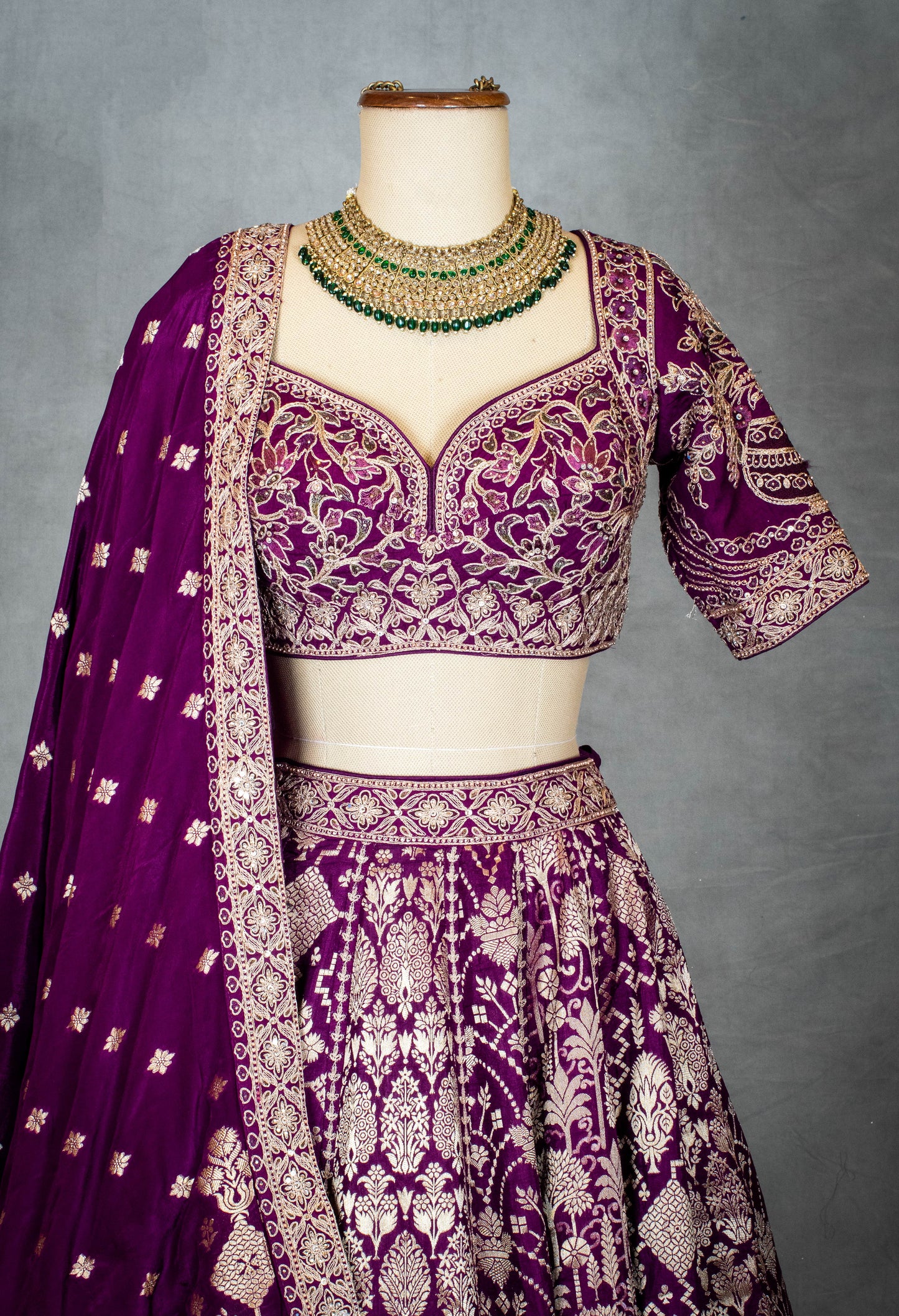Royal Purple Bridal Lehenga with Golden Zari Embroidery and Silk Dupatta