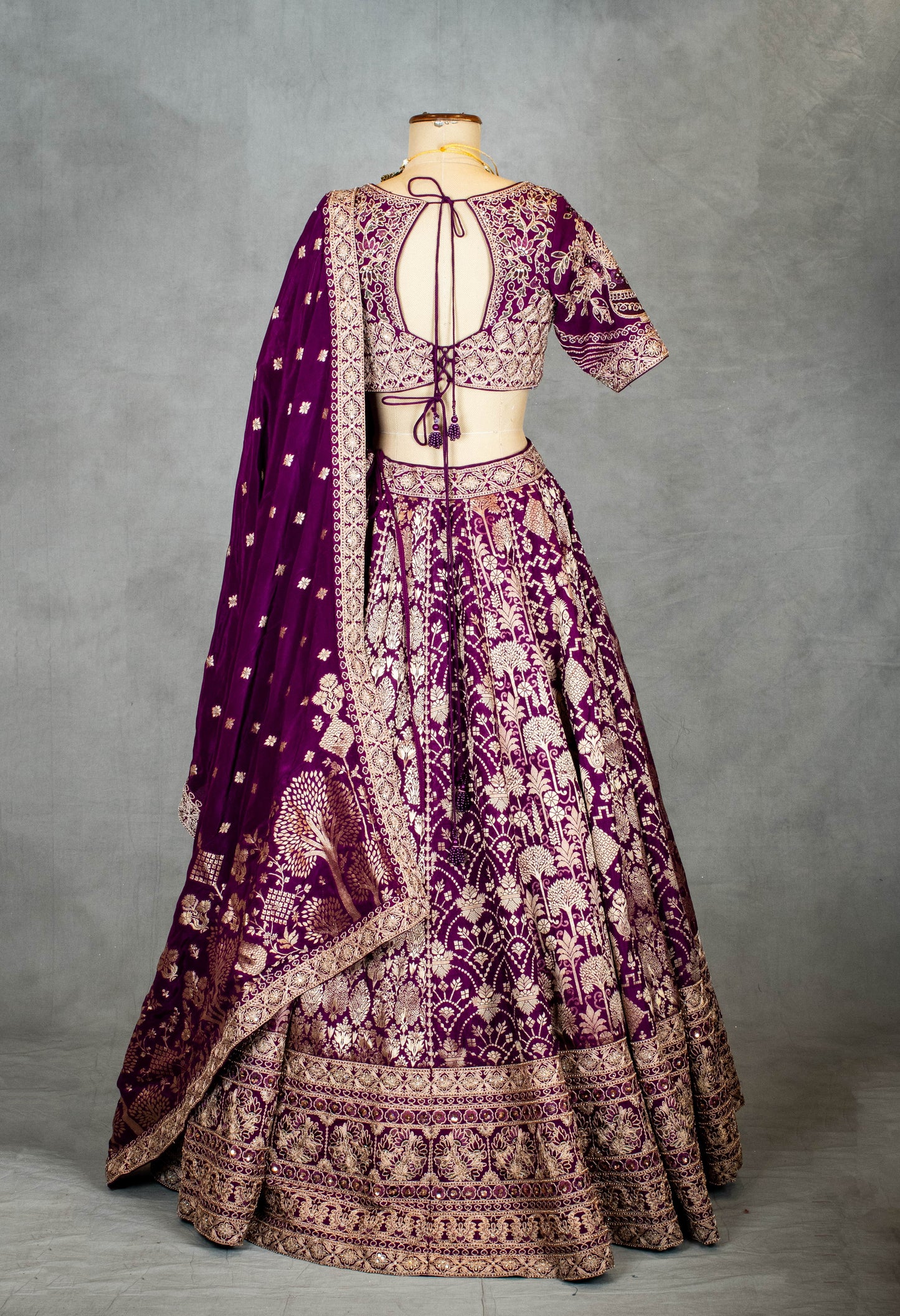 Royal Purple Bridal Lehenga with Golden Zari Embroidery and Silk Dupatta