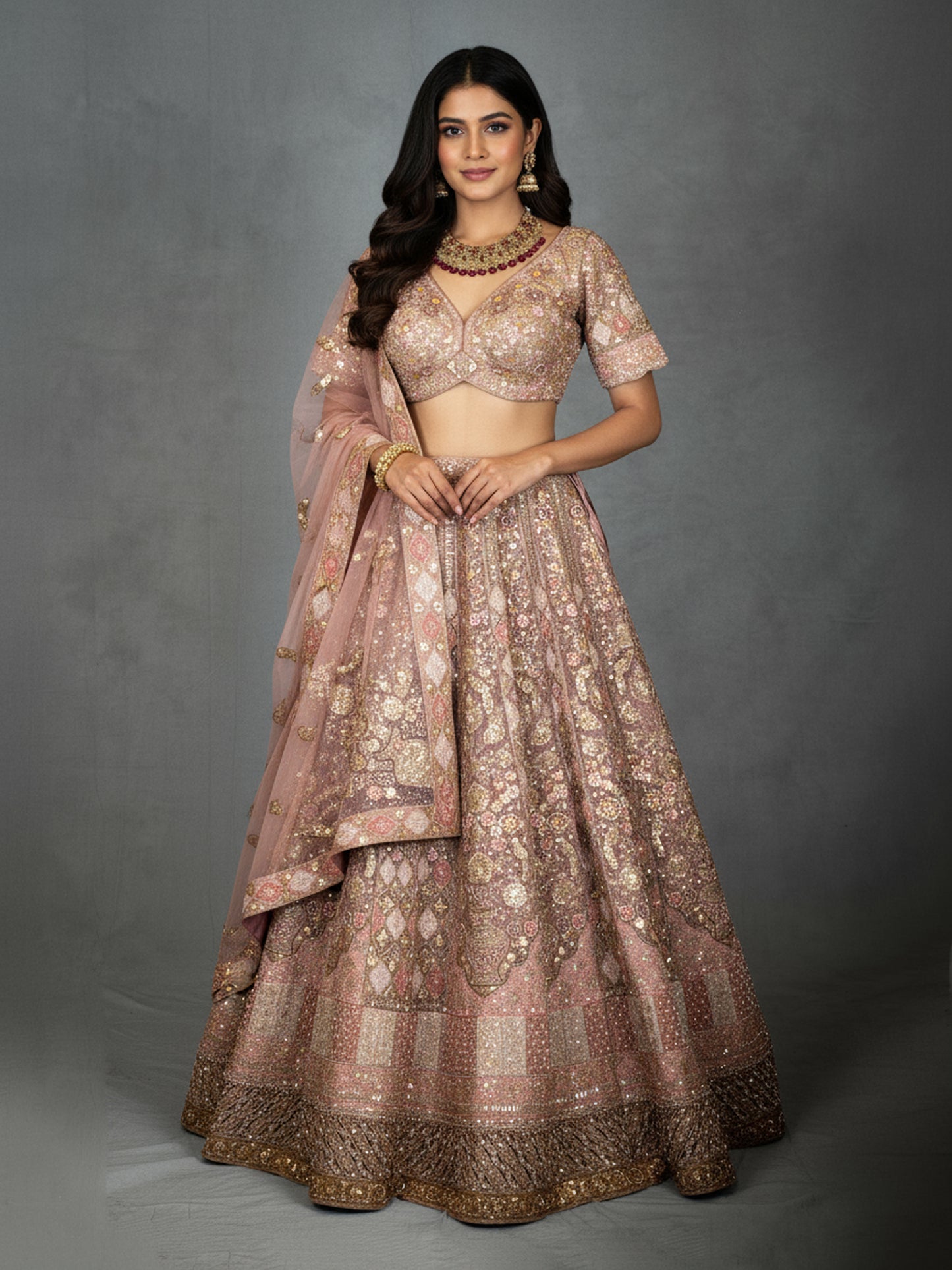 Pastel Dusty Rose Bridal Lehenga with Sequin Embroidery and Net Dupatta
